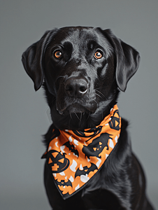 微信公众号万圣节摄影照片_一只年轻的黑色拉布拉多猎犬万圣节戴头巾的狗