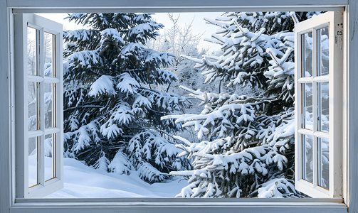 灯光房子摄影照片_窗外后院被雪覆盖的松树景色