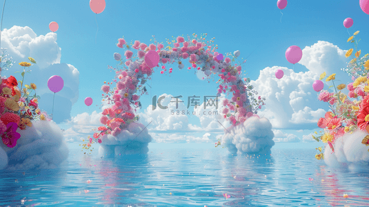 快乐的图片背景图片_六一水面上蓝粉色卡通3D花朵气球拱门图片
