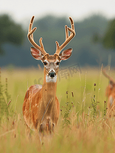 鹿摄影照片_大草地上的斑点白尾鹿