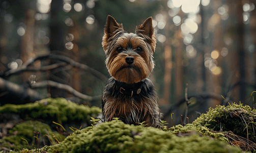 可爱的约克夏犬站在森林苔藓上的肖像
