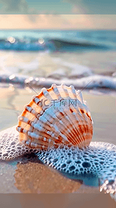 夏日海景海滩波浪上的海螺背景图片