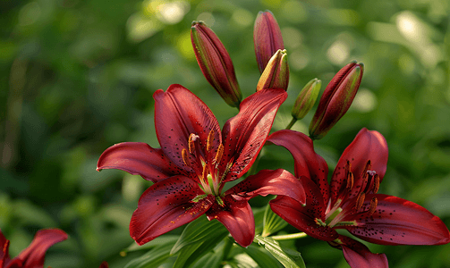 复古夏季背景摄影照片_夏季红色勃艮第百合花在花园中盛开