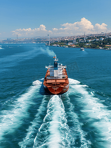 出口全球摄影照片_土耳其伊斯坦布尔博斯普鲁斯海峡的散货船