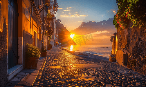 街道和海上的日落