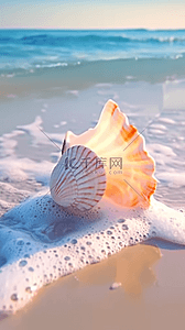 海边的背景图片_夏日海景海滩波浪上的海螺设计