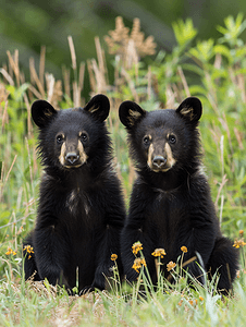 夏天的两只黑熊幼崽