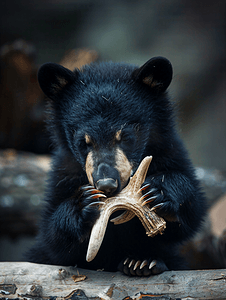 咀嚼鹿角的黑熊幼崽