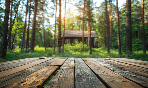 森林背景中杂色木栅栏和地板木材与模糊的房子