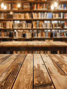 具有图书馆模糊背景的空木板空间平台