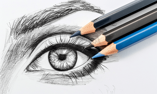 素描松果摄影照片_两支不同的石墨铅笔在画眼睛