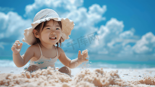 草地儿童乐园摄影照片_海边玩沙子捡贝壳的儿童9