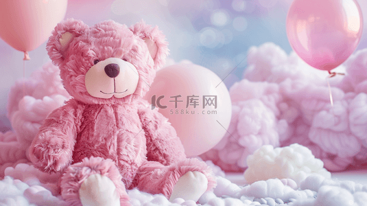 玩偶熊背景图片_蓝粉色六一儿童节玩偶小熊白云气球图片