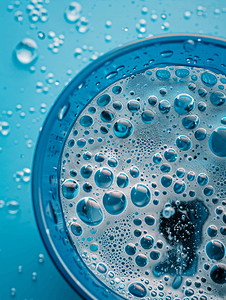 水泡沫摄影照片_气泡或泡沫表面覆盖隔离蓝色容器中的脏水