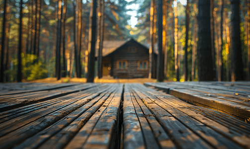 木栅栏摄影照片_森林背景中杂色木栅栏和地板木材与模糊的房子