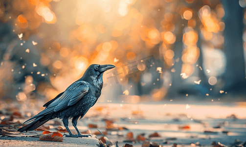 万圣节摄影照片_散景自然背景上的乌鸦或乌鸦黑鸟