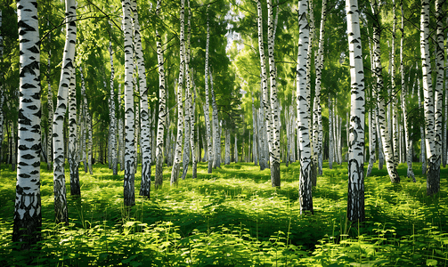密集树叶摄影照片_夏日绿色森林中的白桦树