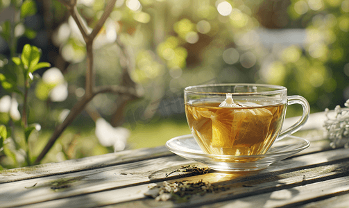 玻璃自然背景中木桌茶袋上的一杯茶