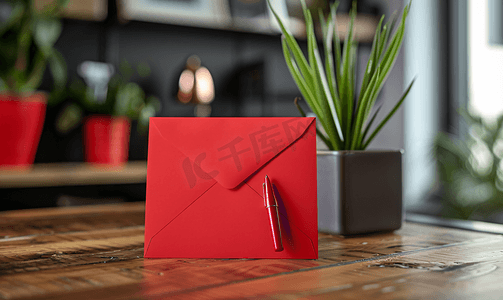 木桌上带信封笔和盆栽植物的红卡模型