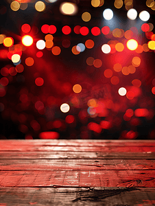 音乐艺术节摄影照片_顶部的桌子与音乐会模糊背景红色木桌上的光线散景