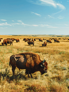 水牛在南达科他州的平原草原上吃草