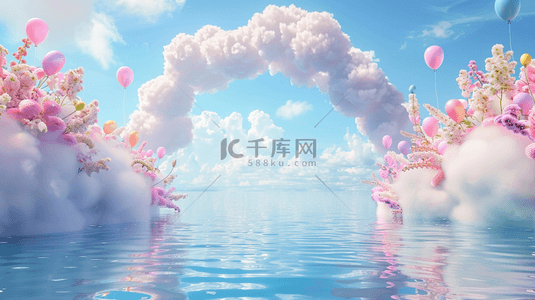 粉色可爱浪漫背景图片_六一水面上蓝粉色卡通3D花朵气球拱门设计