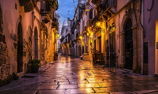 日落后俯视意大利巴里老城的一条街道