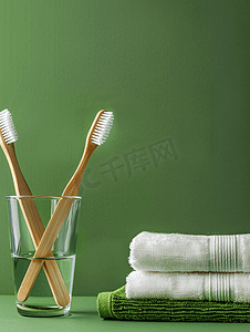 牙刷背景摄影照片_绿色背景中玻璃小苏打和毛巾中的木竹牙刷