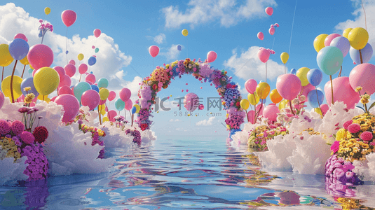 粉色的花朵素材背景图片_六一蓝粉色卡通3D花朵气球拱门背景素材