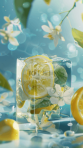 柠檬的夏天背景图片_夏日清新可爱冰块里的柠檬花朵设计