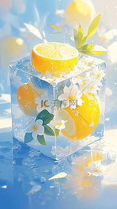 夏日清新可爱冰块里的柠檬花朵3背景图