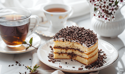 切片摩卡蛋糕撒上巧克力配茶