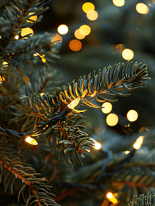 天然圣诞树树枝上的灯串