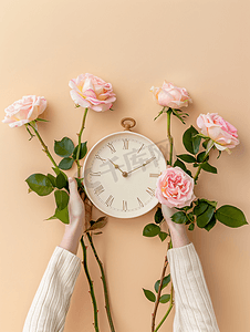 挂钟空白日历和水罐里的粉红玫瑰