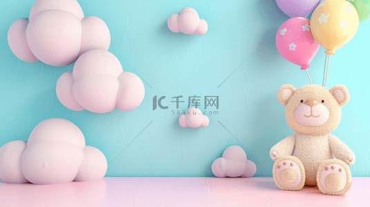 玩偶熊背景图片_六一儿童节蓝粉色玩偶小熊白云气球设计图