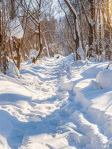 深林风景摄影照片_冬天森林深雪堆中的小径
