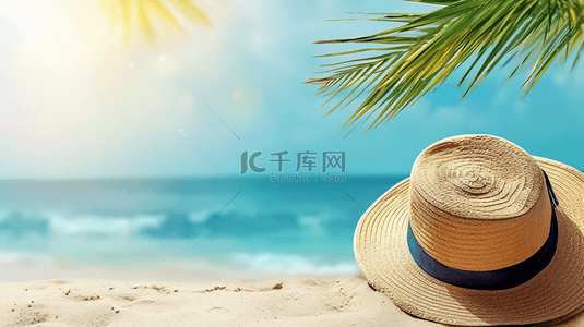 风景上背景图片_夏日海滩风景沙滩上的遮阳帽背景图片