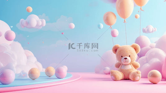 玩偶熊背景图片_六一儿童节蓝粉色玩偶小熊白云气球背景图片