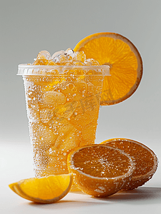 红色果汁摄影照片_塑料杯白色背景中橙色的泥冰