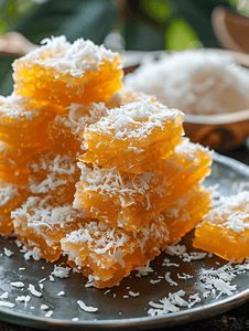 蜂巢糖上面撒上椰子泰国街头小吃