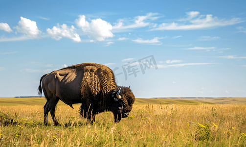 达科他州摄影照片_野牛在南达科他州的草原上吃草