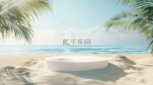 大海椰子树沙滩背景图片_蓝色夏日白色沙滩上的电商圆展台1背景