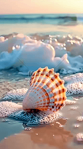 夏日海边背景背景图片_夏日海景海滩波浪上的海螺背景图片