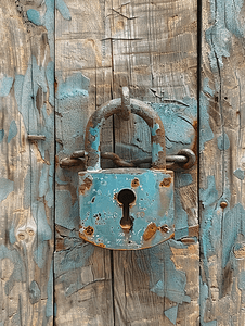 上锈金属摄影照片_木门上蓝色旧生锈的未锁挂锁