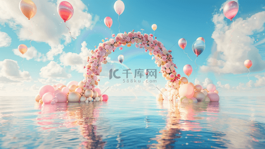素材儿童节背景图片_六一水面上蓝粉色卡通3D花朵气球拱门素材