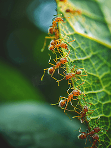 蚂蚁摄影照片_叶子上红蚂蚁的特写镜头