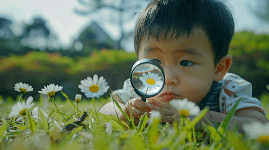 放大镜儿童摄影照片_用放大镜观察植物的男孩12