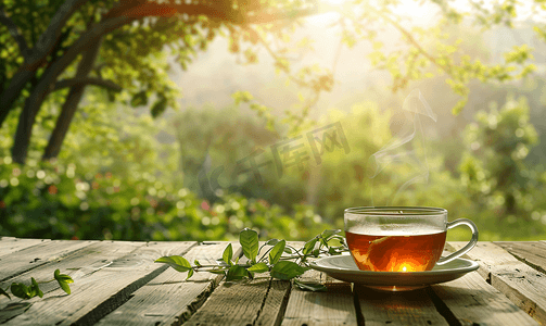玻璃自然背景中木桌茶袋上的一杯茶