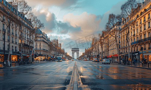 红色丝绸底边摄影照片_法国巴黎香榭丽舍大街大厦