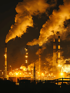 热水烟雾摄影照片_夜间工厂的工业烟雾空气污染